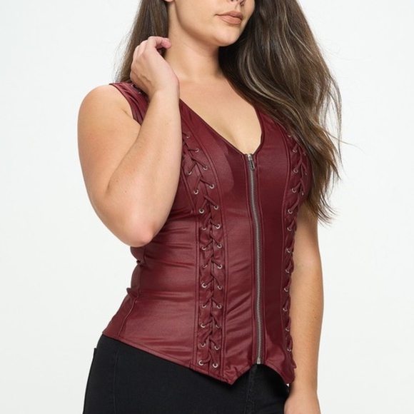 SEXY Faux Leather Zip Front Lace Up Strappy Fitted Vest Burgundy - Picture 5 of 9
